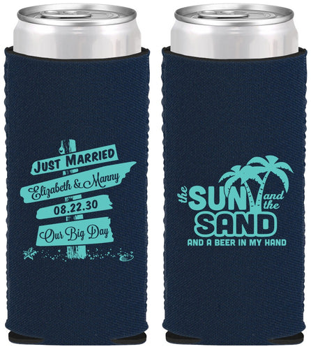 Custom Wedding Neoprene Slim Can Coolers - Sun Sand Drink In My Hand | 416