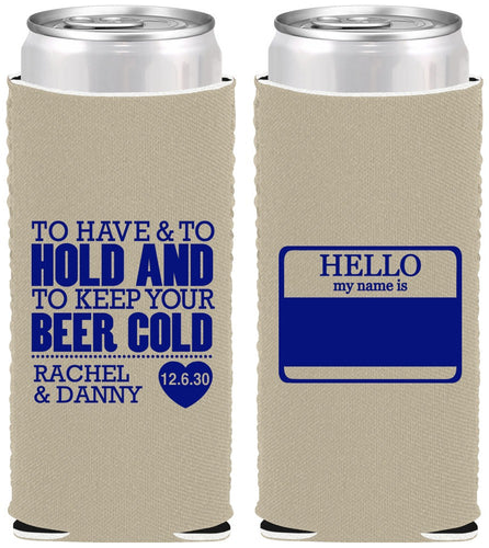 Custom Wedding Neoprene Slim Can Coolers - Hello My Name Is | 418