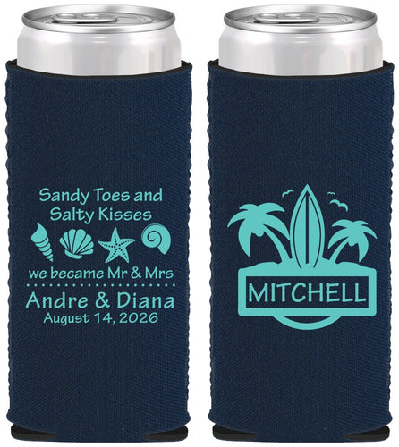 Custom Wedding Neoprene Slim Can Coolers - Sandy Toes Salty Kisses | 419