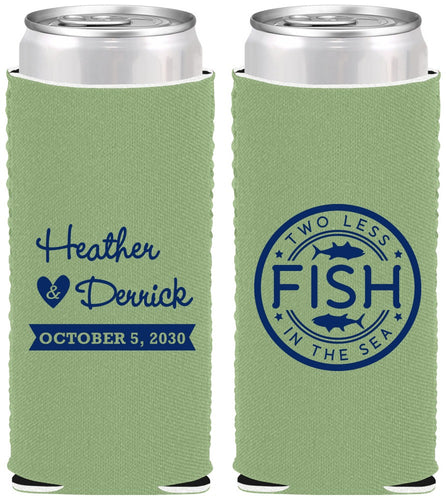 Custom Wedding Neoprene Slim Can Coolers - Two Less Fish In The Sea | 420