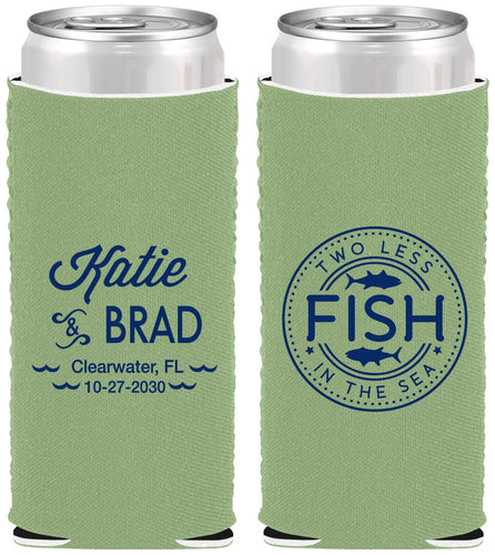 Custom Wedding Neoprene Slim Can Coolers - Two Less Fish In The Sea | 421