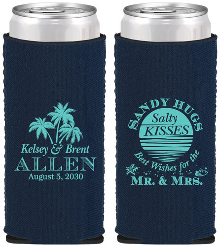 Custom Wedding Neoprene Slim Can Coolers - Sandy Hugs Salty Kisses | 425