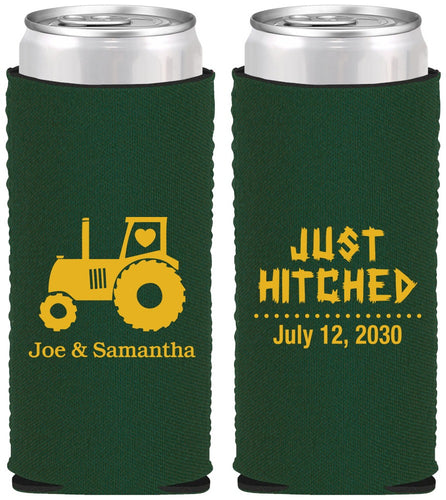 Custom Wedding Neoprene Slim Can Coolers - Just Hitched Tractor | 429