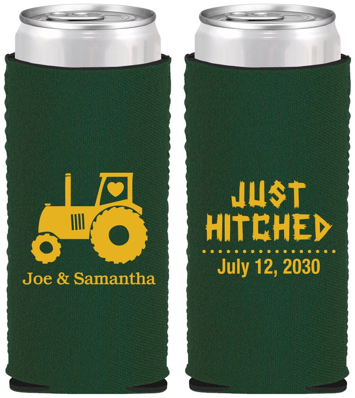 Custom Wedding Neoprene Slim Can Coolers - Just Hitched Tractor | 429