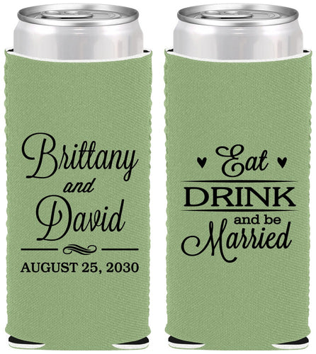 Custom Wedding Neoprene Slim Can Coolers - Eat Drink Be Married | 430