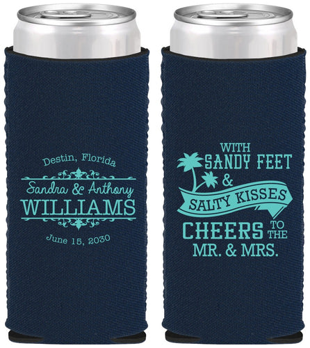 Custom Wedding Neoprene Slim Can Coolers - Sandy Feet Salty Kisses | 434
