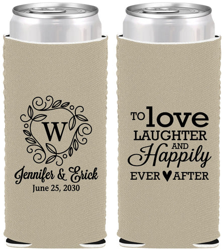Custom Wedding Neoprene Slim Can Coolers - Love Laughter Happily | 461