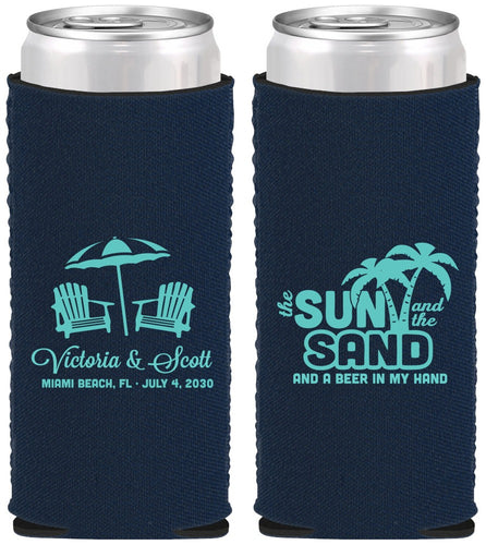 Custom Wedding Neoprene Slim Can Coolers - Sun Sand Drink In My Hand | 479