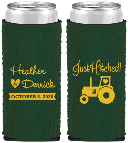 Custom Wedding Neoprene Slim Can Coolers - Just Hitched Tractor | 482