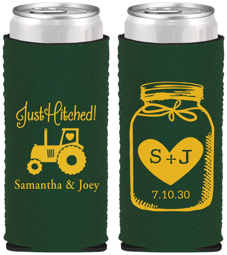 Custom Wedding Neoprene Slim Can Coolers - Just Hitched Mason Jar | 483