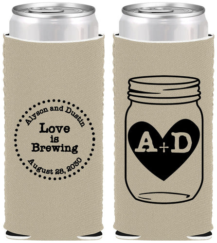 Custom Wedding Neoprene Slim Can Coolers - Love Is Brewing | 486