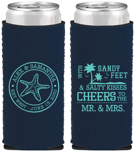 Custom Wedding Neoprene Slim Can Coolers - Sandy Feet Salty Kisses | 488