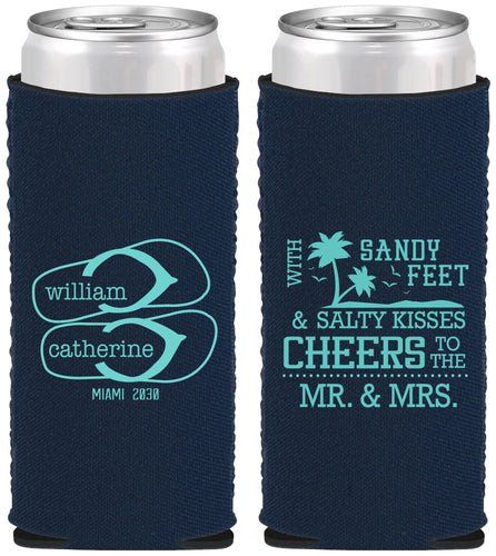 Custom Wedding Neoprene Slim Can Coolers - Sandy Feet Salty Kisses | 490