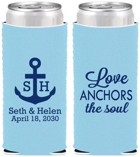 Custom Wedding Neoprene Slim Can Coolers - Love Anchors The Soul | 494