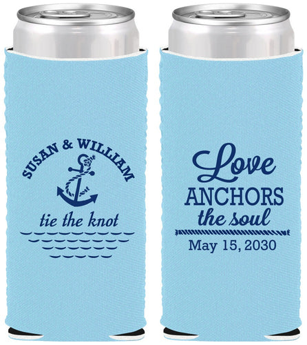 Custom Wedding Neoprene Slim Can Coolers - Love Anchors The Soul | 498