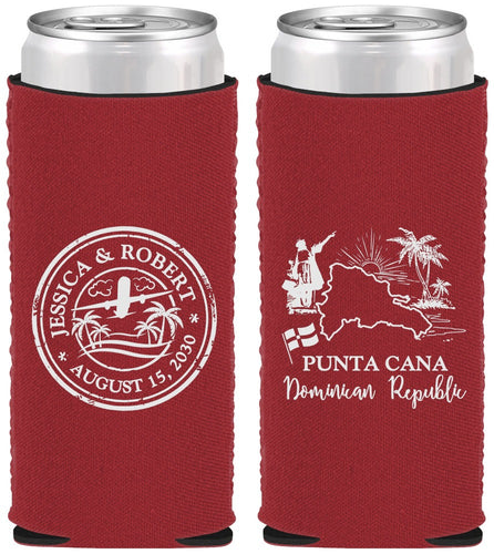 Custom Wedding Neoprene Slim Can Coolers - Domincan Republic | 523