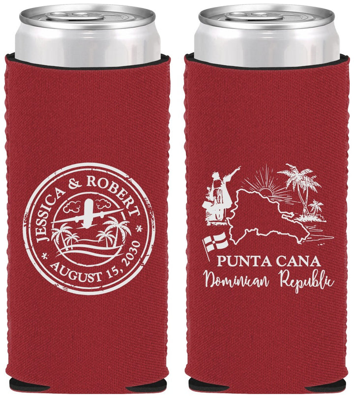 Custom Wedding Neoprene Slim Can Coolers - Domincan Republic | 523