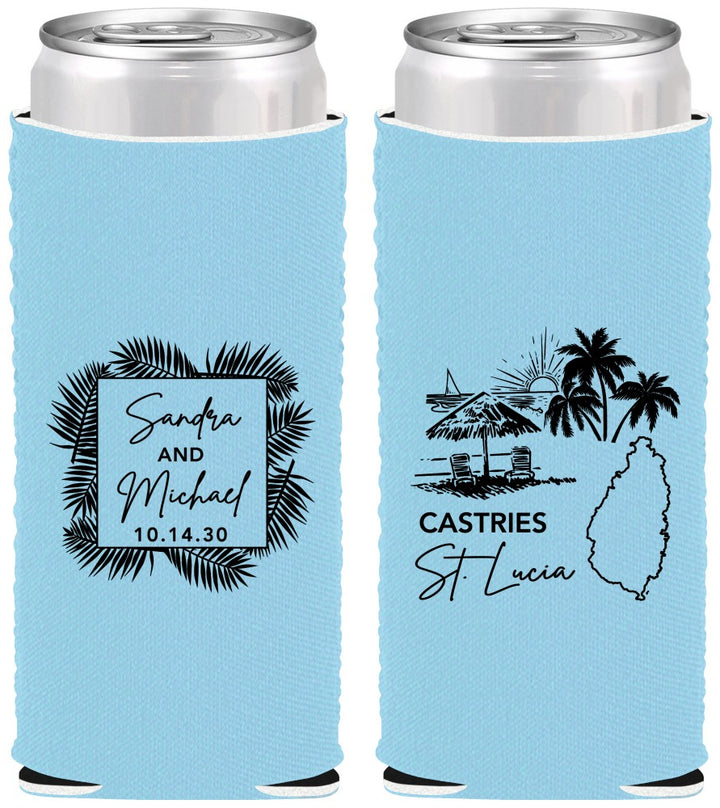 Custom Wedding Neoprene Slim Can Coolers - St Lucia | 541