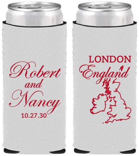 Custom Wedding Neoprene Slim Can Coolers - England | 548