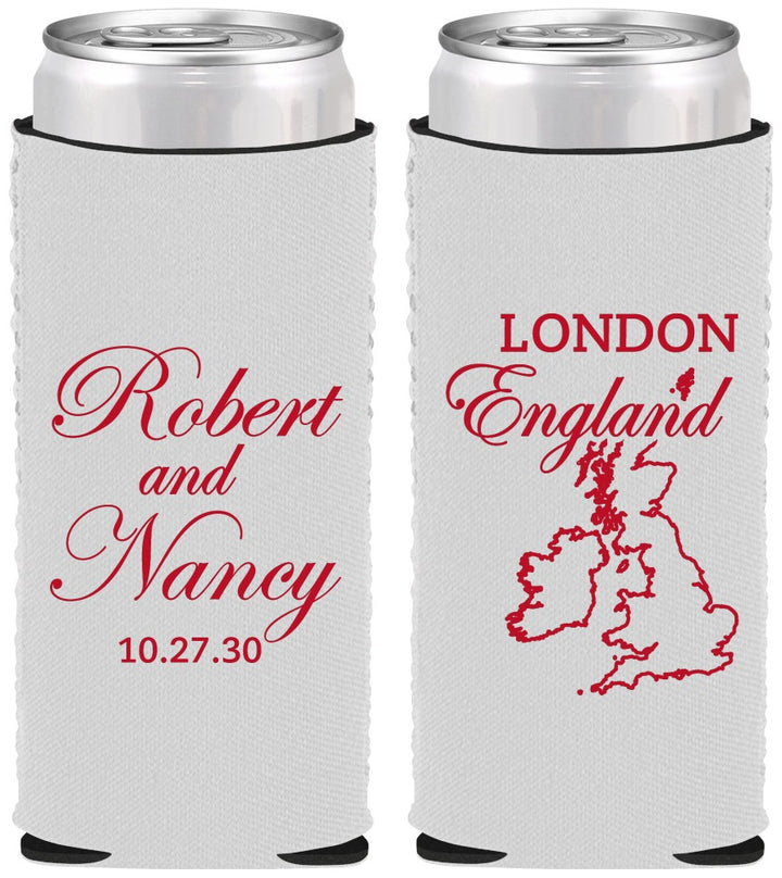 Custom Wedding Neoprene Slim Can Coolers - England | 548