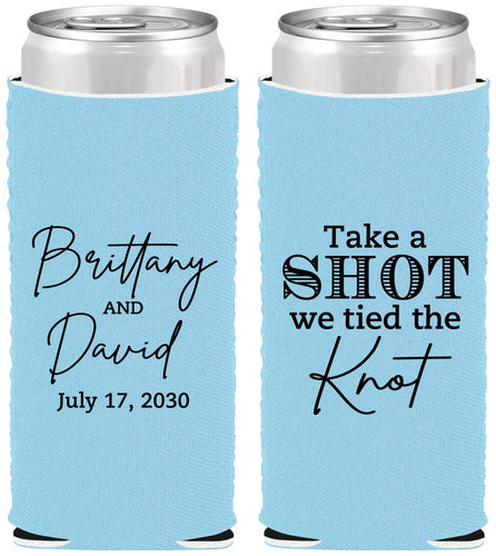 Custom Wedding Neoprene Slim Can Coolers - Take A Shot We Tied The Knot | 550