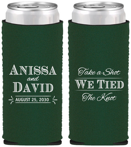 Custom Wedding Neoprene Slim Can Coolers - Take A Shot We Tied The Knot | 551