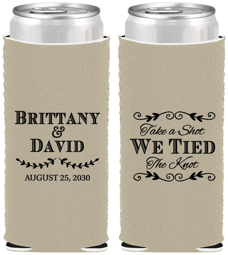 Custom Wedding Neoprene Slim Can Coolers - Take A Shot We Tied The Knot | 552