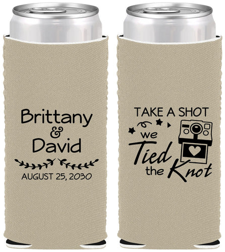 Custom Wedding Neoprene Slim Can Coolers - Take A Shot We Tied The Knot | 553