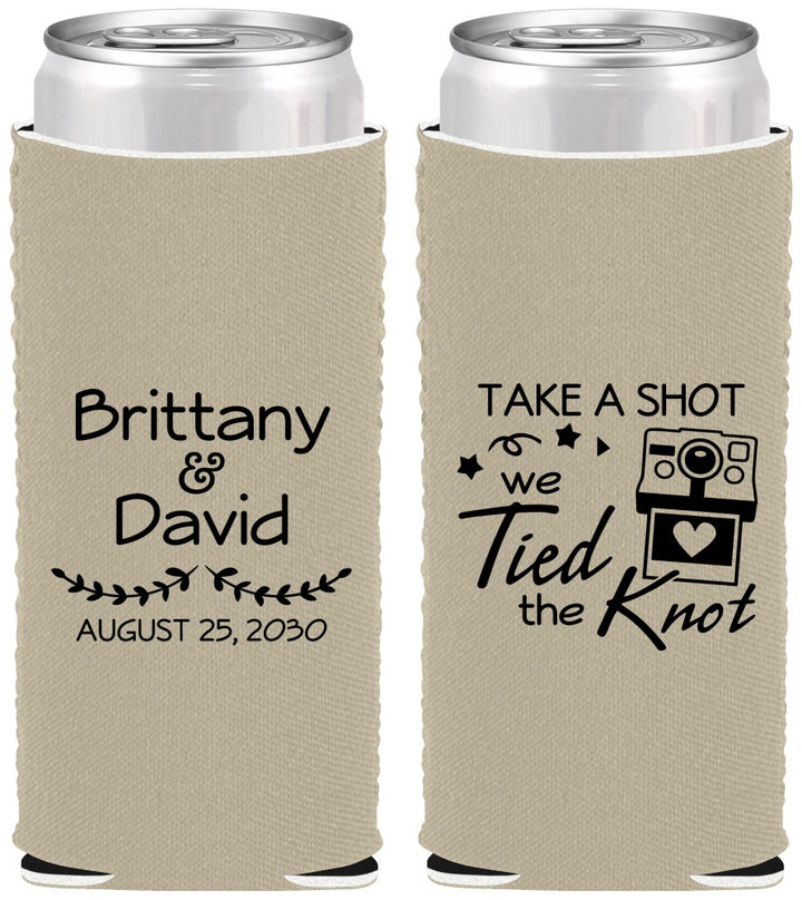Custom Wedding Neoprene Slim Can Coolers - Take A Shot We Tied The Knot | 553