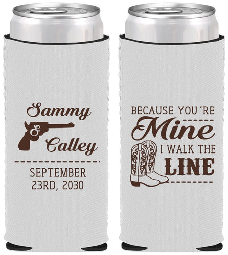 Custom Wedding Neoprene Slim Can Coolers - I Walk The Line | 555