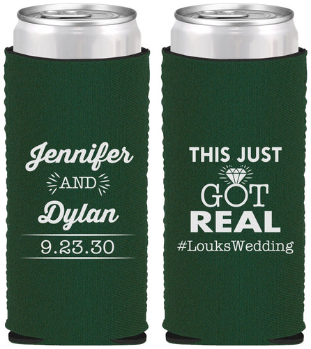 Custom Wedding Neoprene Slim Can Coolers - Just Got Real | 557