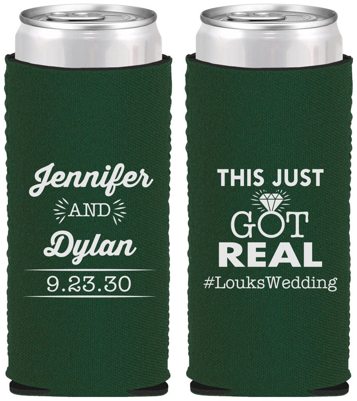 Custom Wedding Neoprene Slim Can Coolers - Just Got Real | 557