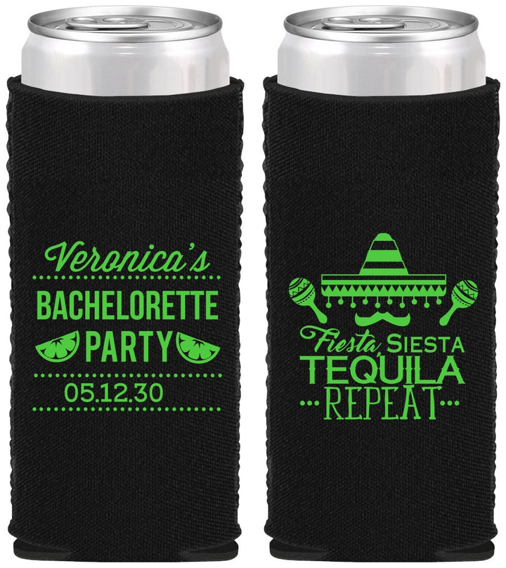 Custom Bachelorette Neoprene Slim Can Coolers - Fiesta Siesta Tequila Repeat | 60000