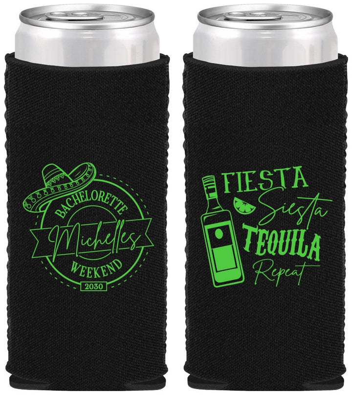 Custom Bachelorette Neoprene Slim Can Coolers - Fiesta Siesta Tequila Repeat | 60004