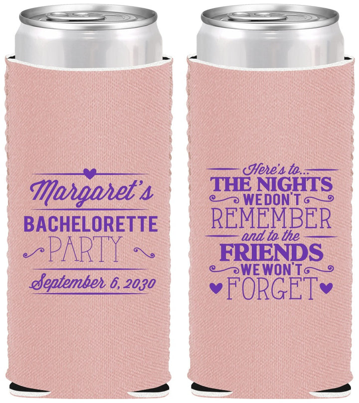 Custom Bachelorette Neoprene Slim Can Coolers - Nights Remember | 60034