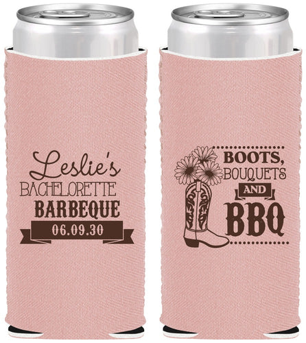 Custom Bachelorette Neoprene Slim Can Coolers - Boots Bouquets Bbq | 60035