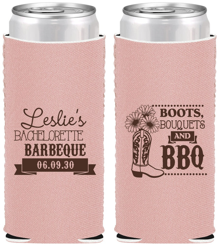 Custom Bachelorette Neoprene Slim Can Coolers - Boots Bouquets Bbq | 60035