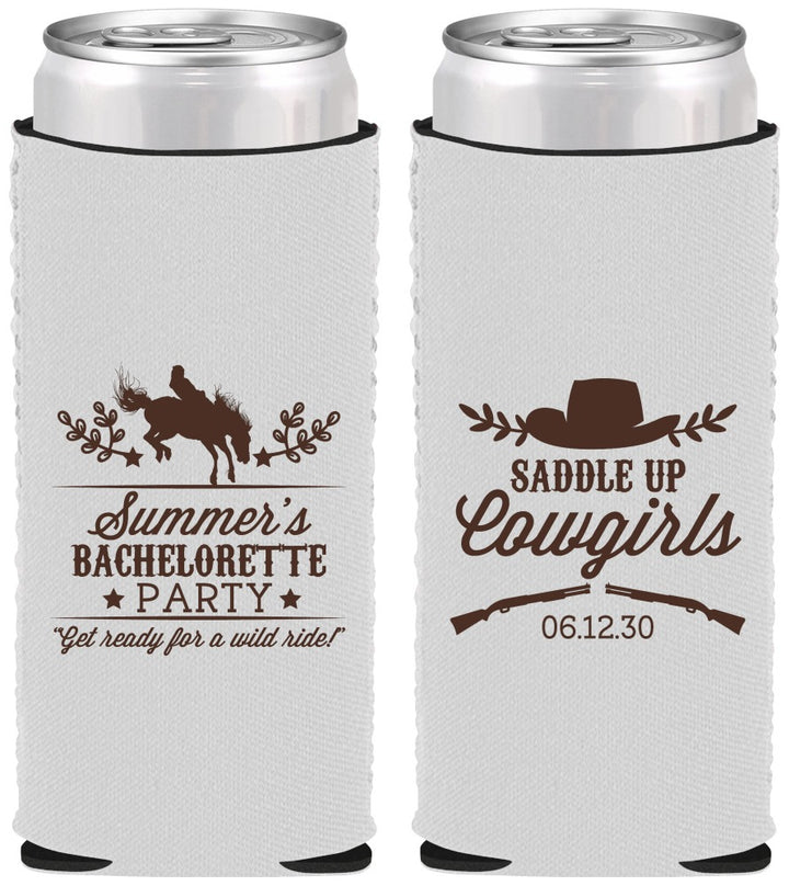 Custom Bachelorette Neoprene Slim Can Coolers - Saddle Up Cowgirls | 60045