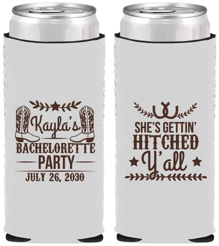 Custom Bachelorette Neoprene Slim Can Coolers - Getting Hitched Yall | 60047