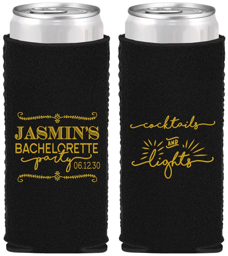 Custom Bachelorette Neoprene Slim Can Coolers - Cocktails And Lights | 60065