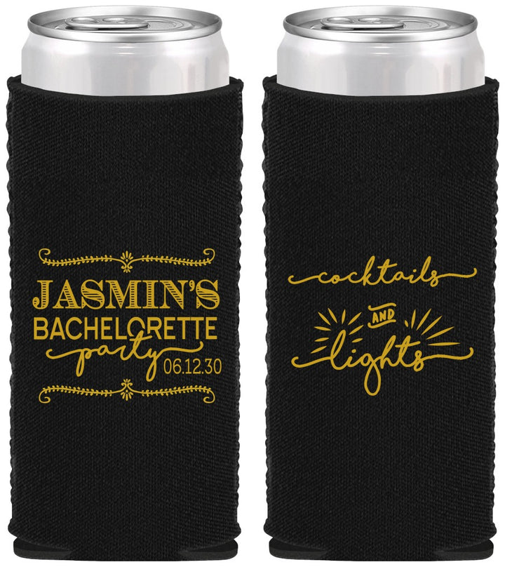 Custom Bachelorette Neoprene Slim Can Coolers - Cocktails And Lights | 60065