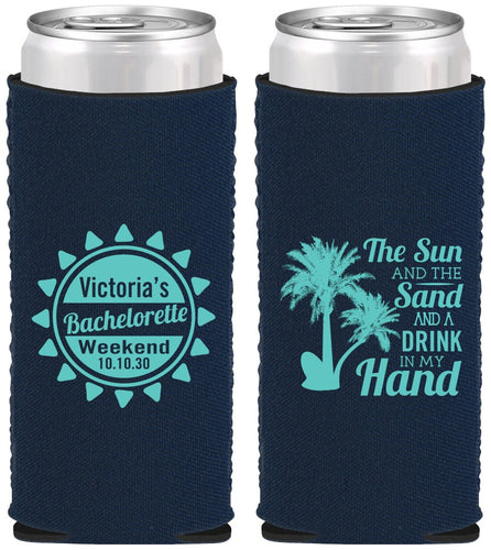 Custom Bachelorette Neoprene Slim Can Coolers - Sun Sand Drink Hand | 60114