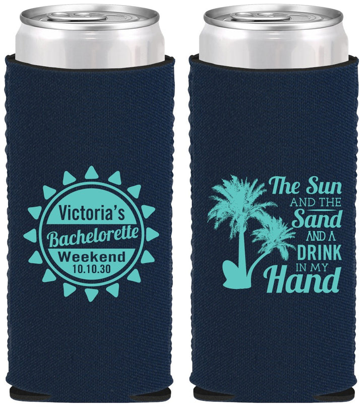 Custom Bachelorette Neoprene Slim Can Coolers - Sun Sand Drink Hand | 60114