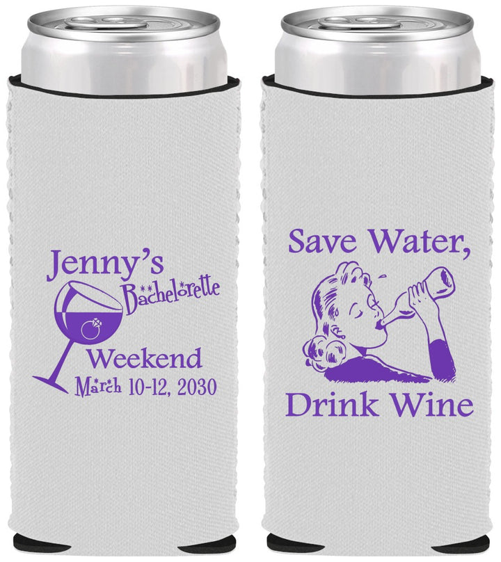 Custom Bachelorette Neoprene Slim Can Coolers - Save Water Drink Wine | 60120