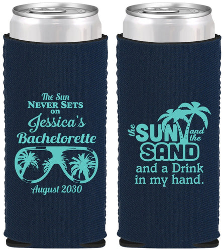Custom Bachelorette Neoprene Slim Can Coolers - Sun Sand Drink Hand | 60134
