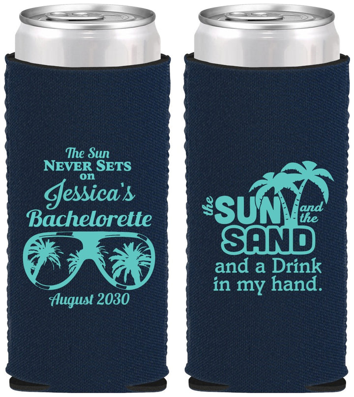 Custom Bachelorette Neoprene Slim Can Coolers - Sun Sand Drink Hand | 60134