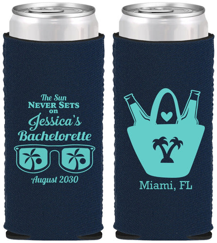 Custom Bachelorette Neoprene Slim Can Coolers - Beach Sun Never Sets | 60136