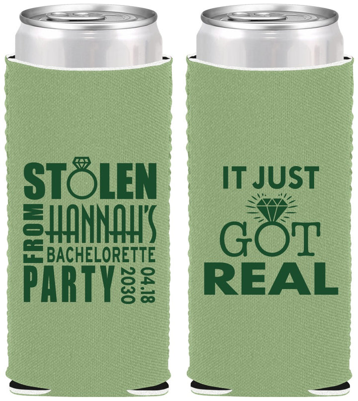 Custom Bachelorette Neoprene Slim Can Coolers - Just Got Real | 60141