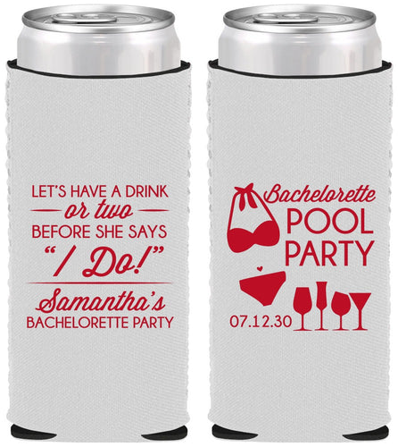 Custom Bachelorette Neoprene Slim Can Coolers - Pool Party | 60167