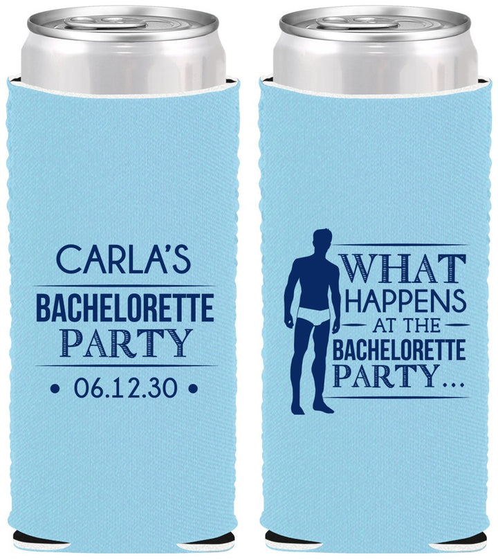 Custom Bachelorette Neoprene Slim Can Coolers - What Happens | 60172